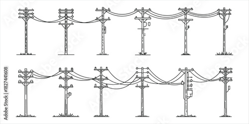 Collection of black and white line art telephone poles with wires and insulators power pole