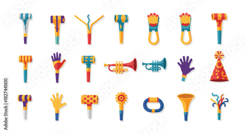Vibrant collection of colorful party horns, blowers, and noise makers for birthdays, New Year's, and other celebrations.
