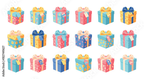 Sweet collection of isometric baby shower gift boxes in pastel colors with cute patterns, ribbons, and gift tags.