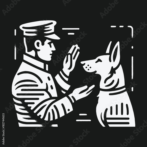 Monochrome graphic illustration of a uniformed officer training a service dog.