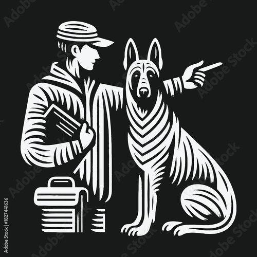 Dog trainer and German Shepherd partner pointing together vector art.