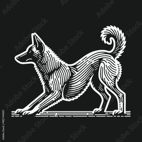 Vintage woodcut style dog in a play bow pose on a black background.
