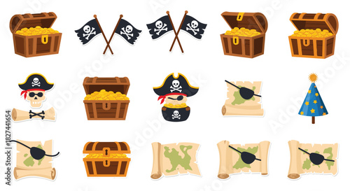 Adventurous collection of pirate-themed stickers, including treasure chests full of gold, Jolly Roger flags, and old maps.