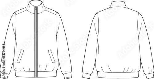 cad drawing flat vector illustration, raglan sleeve pullover, zipper collar sweatshirt, fashion sketch, garment template, apparel construction