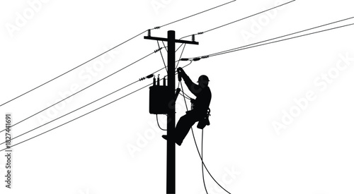 Silhouette of lineman working on power lines with transformer against white background electricity