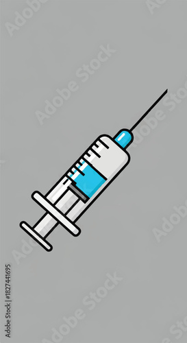 Close-up of a medical syringe with blue liquid on a plain gray background.