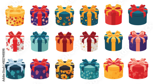 Cheerful collection of colorful round gift boxes with various patterns and festive bows for special occasions.