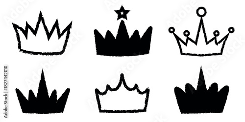 Crayon brush crown silhouettes, handcrafted royal icons in black