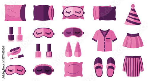 Cozy collection of pink and purple pajama party icons, including sleep masks, slippers, pajamas, and nail polish.