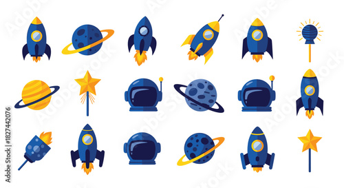 Adventurous collection of cute space-themed icons, including rockets, planets, astronaut helmets, and shining stars.