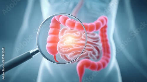 Magnifying Glass Highlighting Inflammation in Human Intestines, Medical Illustration.