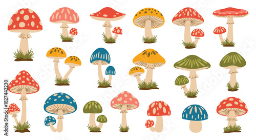 Whimsical collection of colorful toadstool mushrooms in various shapes and sizes, perfect for fairytale and forest scenes.