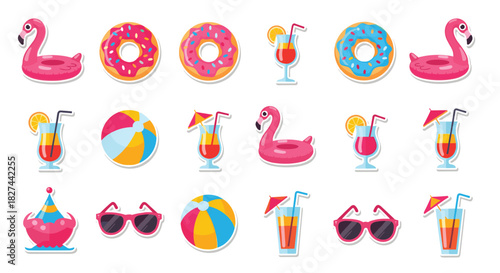 Fun collection of summer pool party stickers featuring inflatable flamingos, donuts, beach balls, and tropical cocktails.