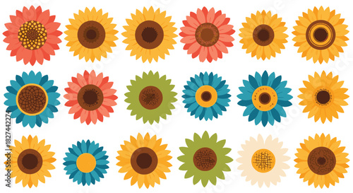 Cheerful collection of stylized sunflowers in a variety of warm and cool colors, perfect for autumn and summer designs.