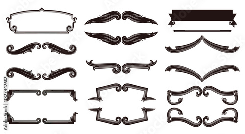 Ornate collection of vintage frames, decorative banners, and calligraphic dividers in an elegant engraved style, ideal for classic invitations and labels.