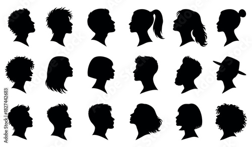 Diverse human head silhouettes, Male and female side profiles collection
