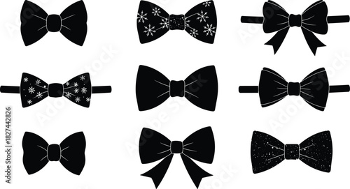Bow tie silhouette set, festive fashion accessory, Christmas snowflake pattern, elegant ribbon design, stylish vector icons, holiday celebration graphic