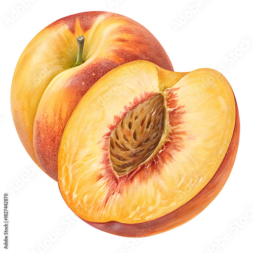 Fresh ripe peach and a half peach displaying its juicy flesh and pit, perfect for healthy eating and summer desserts, isolated on transparent background