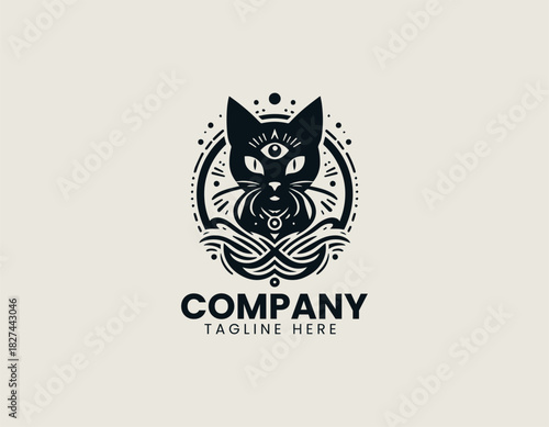 Mystical One-eyed Cat black vector logo illustration