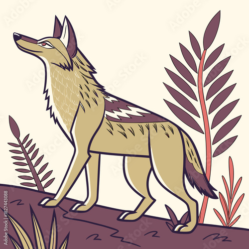 Flat Illustration Standing Golden Jackal in the Middle of Grass Plant