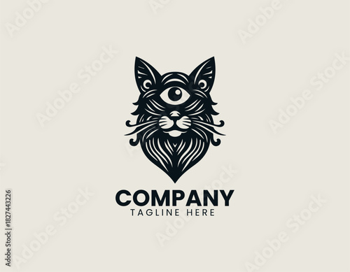 Mystical One-eyed Cat black vector logo illustration