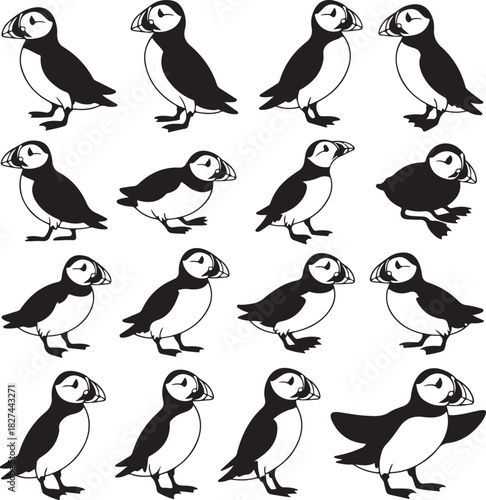 Seamless pattern of Atlantic puffins in various poses monochrome illustration