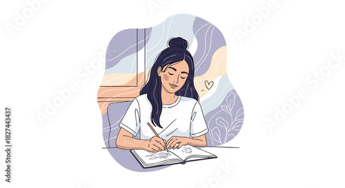Young woman writing in her personal diary, enjoying a moment of quiet reflection and self-care at her desk