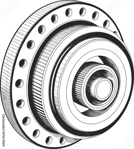 CAD drawing 3D vector illustration of mechanical bearing rotary coupling, concentric rings, flange with bolt holes, industrial engineering component