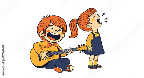 Joyful Kids Performing Boy Playing Guitar, Girl Singing with Expression, Musical Fun Illustration