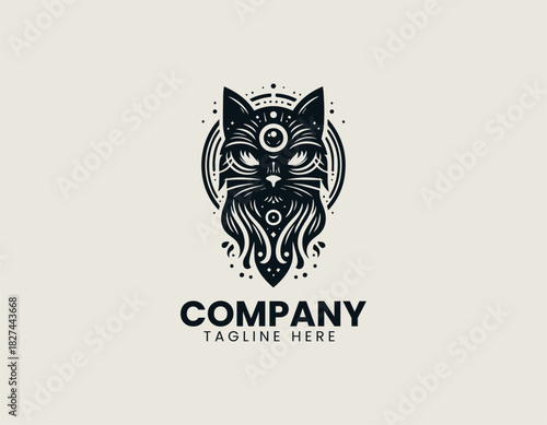 Mystical One-eyed Cat black vector logo illustration