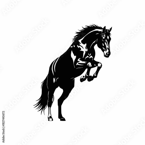 Powerful black stallion horse rearing up in a dynamic pose.