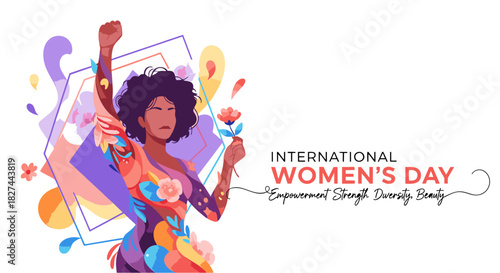 Illustration of an empowered woman with a raised fist celebrating female strength, diversity, and beauty with abstract colorful elements