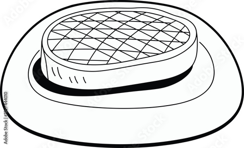 Black and white grilled steak illustration on oval plate, crisscross sear pattern drawing, culinary food sketch, cooking nutrition artwork concept