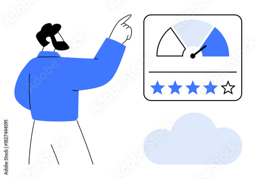 Business performance. A person analyzing a rating scale with a customer feedback meter and cloud symbol. Business performance insights and customer feedback. For reviews, SaaS, management, customer