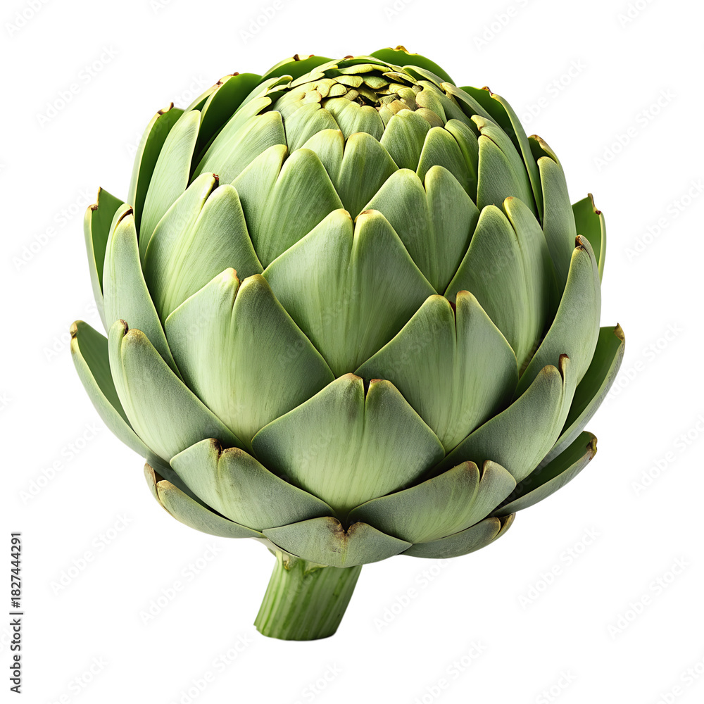 Obraz premium A single, vibrant green artichoke, a healthy and nutritious vegetable often used in culinary dishes, presented fresh and raw, isolated on transparent background