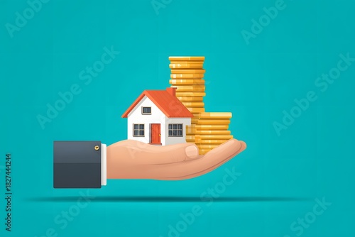 A hand holding a small house model and stacks of gold coins, symbolizing investment, financial growth