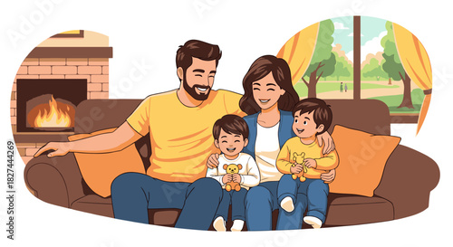 A heartwarming illustration of a happy young family with two sons cuddling together on a sofa in their cozy living room