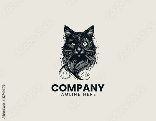 Mystical One-eyed Cat black vector logo illustration