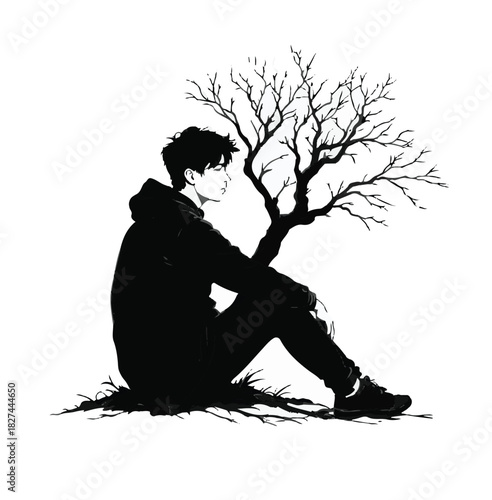 Lonely Boy Sitting Under a Tree Black and White Vector Illustration