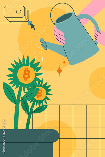 Hand watering bitcoin flowers in a pot, representing long-term investment, yield and sustainable crypto growth.
