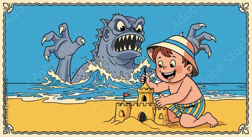 Boy building sandcastle on beach with a sea monster emerging from the ocean, illustration