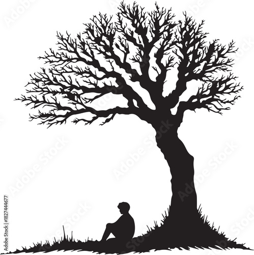 Lonely Boy Sitting Under a Tree Black and White Vector Illustration