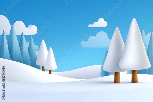 Cute winter landscape with snowy hills and pine trees