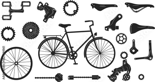 Bicycle parts silhouette collection, bike components illustration, cycling design, repair and mechanics concept, transportation artwork set