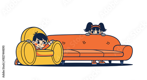 Two playful children engaging in a fun game of hide-and-seek behind vibrant home furniture, bringing a sense of innocent childhood joy and domestic whimsy