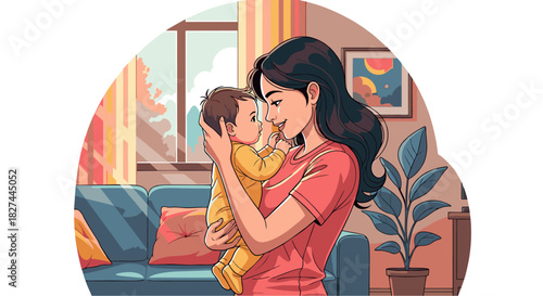 A joyful mother cradles her baby in her arms, sharing a tender moment at home with soft natural light filtering through the window