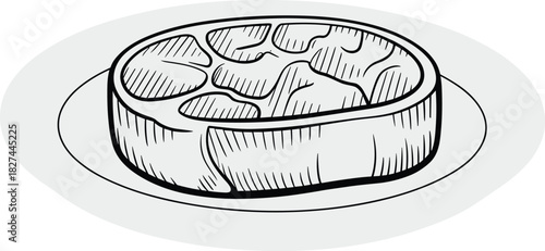 Black and white steak illustration on plate, detailed meat drawing with marbling texture, culinary food sketch, nutrition education artwork, cooking design