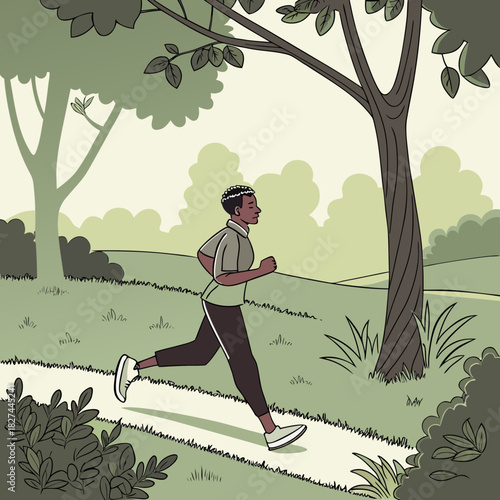 Cartoon Flat Illustration of a Man Jogging Outdoor in Summer