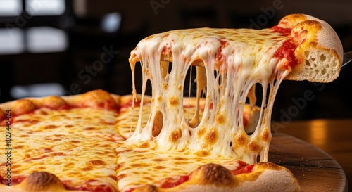 Deliciously cheesy pizza slice being lifted showing long stretchy mozzarella cheese pull