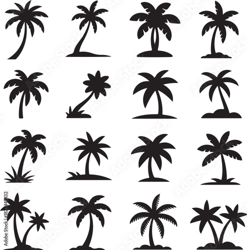 Silhouette collection of sixteen palm trees isolated on white background